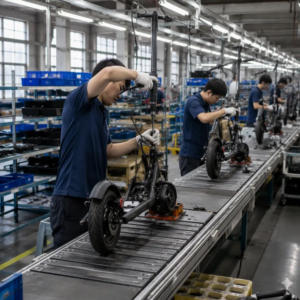 Electric scooter assembly line in dark factory with teal lighting
