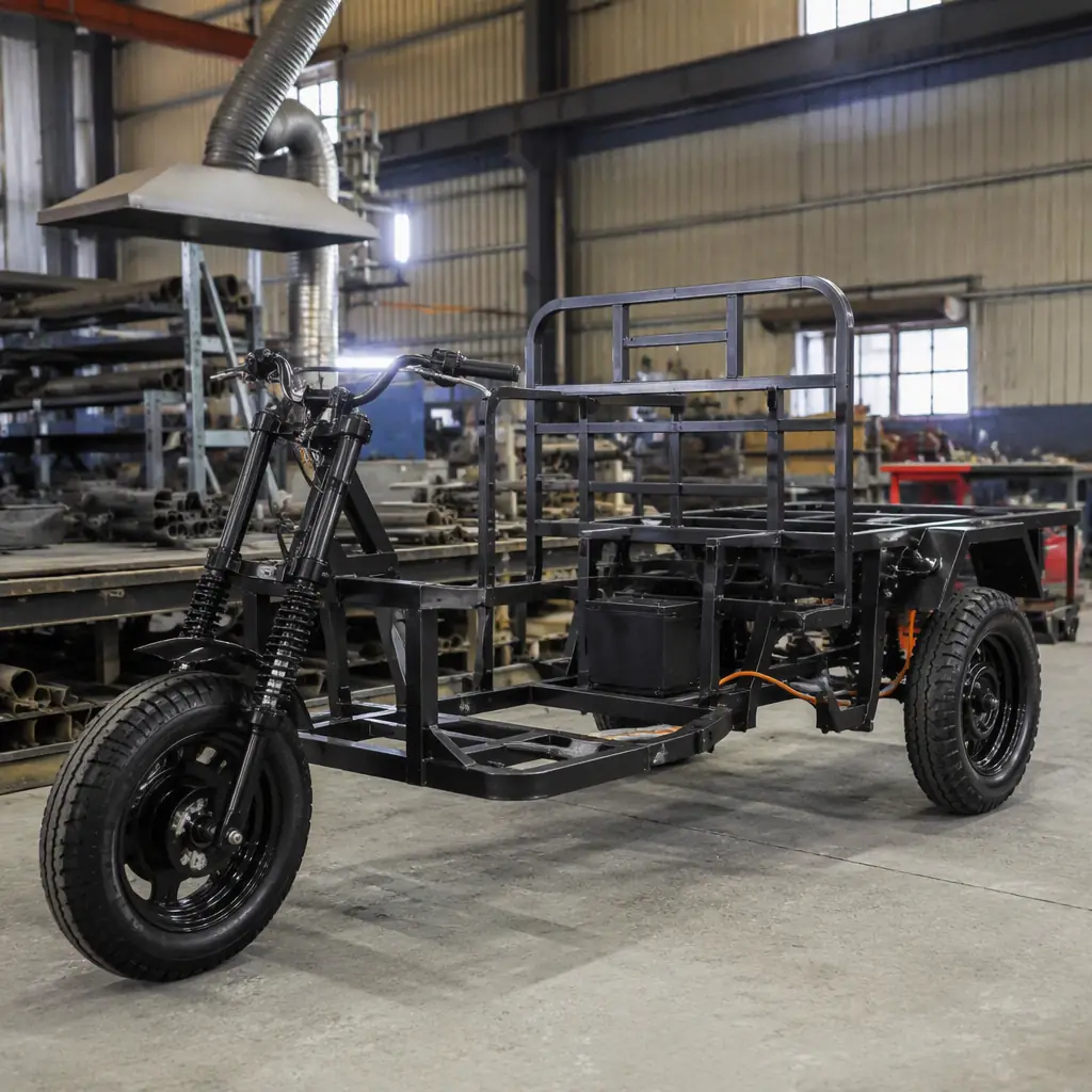 Electric tricycle chassis assembly with workers