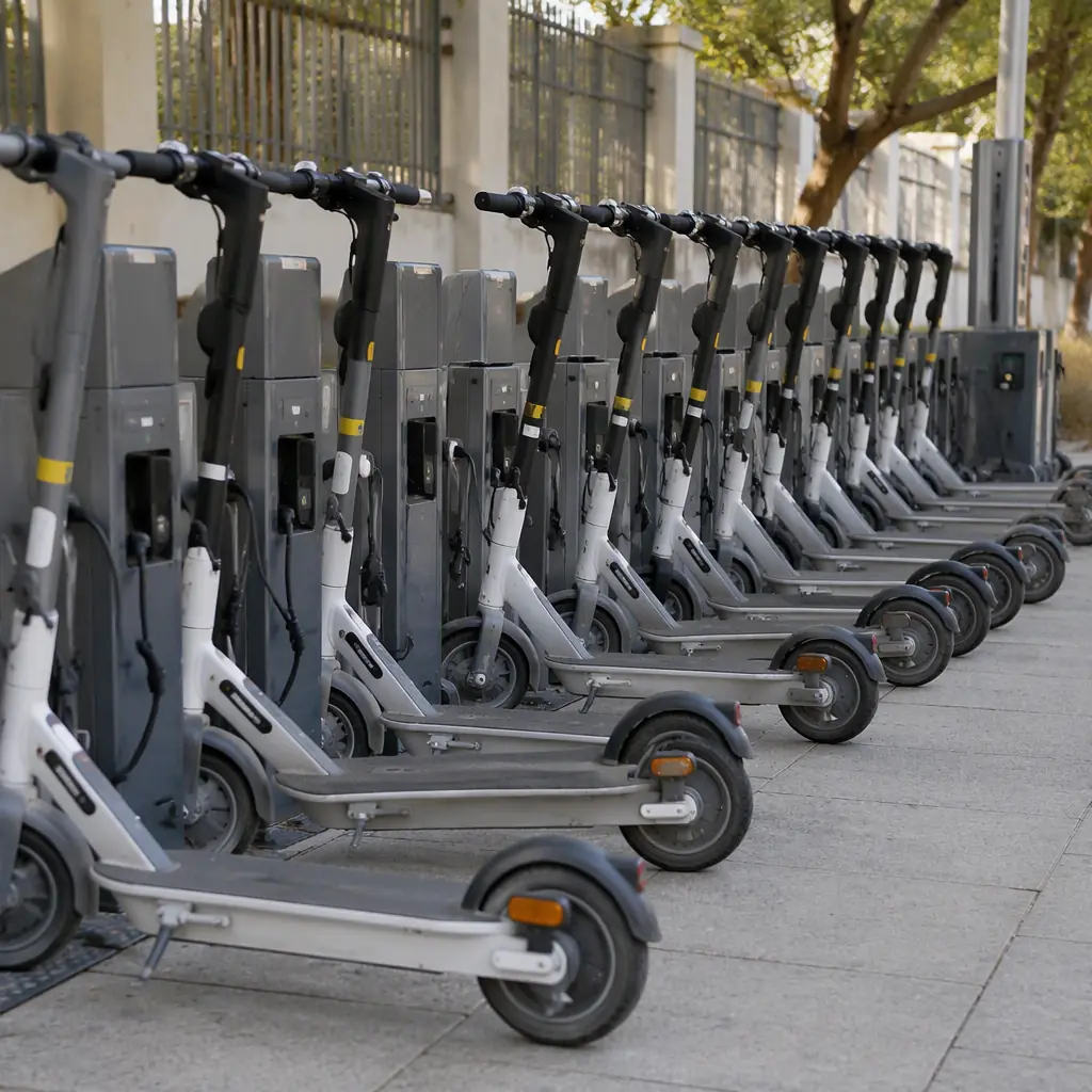 Shared e-scooter fleet at charging dock