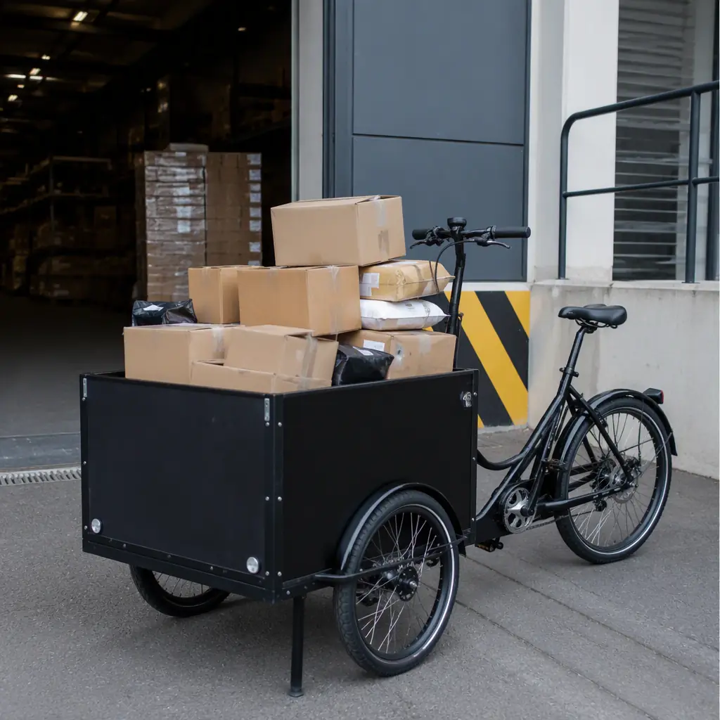 Heavy-duty electric cargo tricycle with 1.5 cubic metre enclosed cargo box on urban delivery route