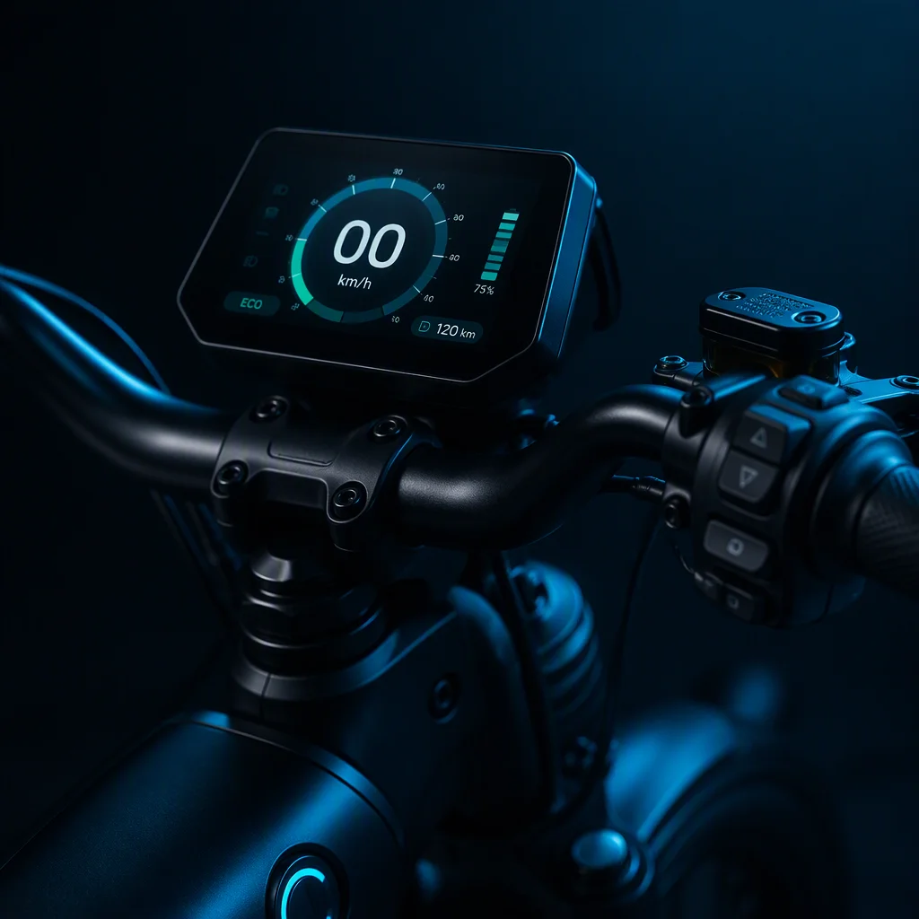 Close-up of King-Meter LCD handlebar display with 5-level pedal assist and USB port