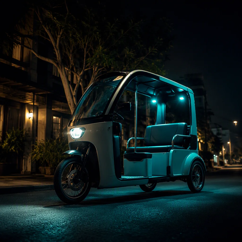 Passenger e-tricycle with rear bench seat and canopy on city street